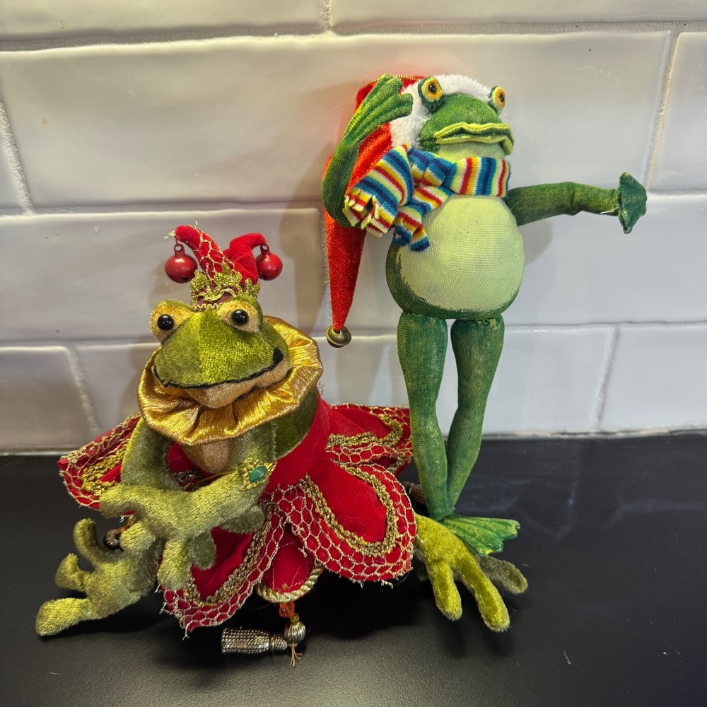 Katherine's Collection Frog Figurine Set Christmas Red Gold Whimsical Jester 9"
